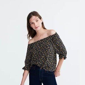 Madewell Black & Orange Off the Shoulder Falling Leaves 100% Silk Top - S